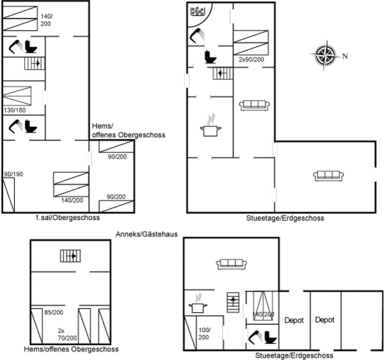 A floor plan with multiple rooms, including a living area, kitchen, and two depots.
