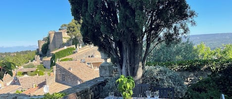 A table set outdoors with a view of a historic town and a large tree.