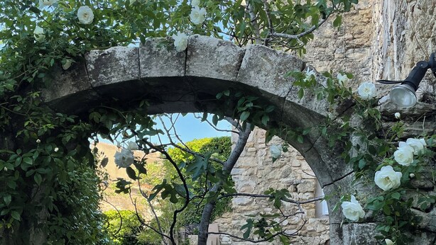 An arched stone gateway with white flowers, leading to a stone building with a wooden bench and a stone wall. - Village house in Ménerbes with a swimming pool and a dramatic view  (Ménerbes)