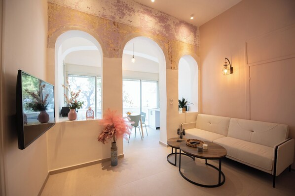 Luxury Apartment, Balcony, Sea View | Living area | 70-inch Smart TV with cable channels - PORT CITY HAIFA - Authentic Luxury BG (Haifa)