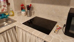 A kitchen with a black induction cooktop, a stainless steel sink, a dish rack, a kettle, and a microwave. - Accogliente Appartamento, Animali Ammessi, Vicino Roma, Bracciano, Ladispoli (Lazio)