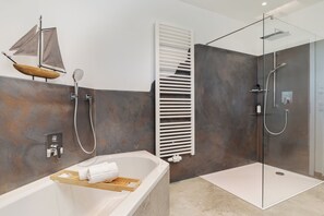 Shower, hair dryer, towels