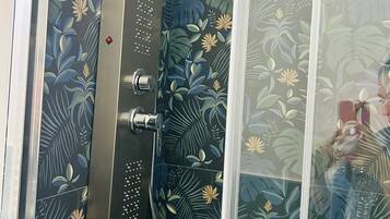 Hair dryer, bidet, towels, soap