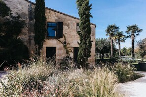 Un edificio de piedra con una ventana y una puerta, rodeado de árboles altos y un jardín cuidado.