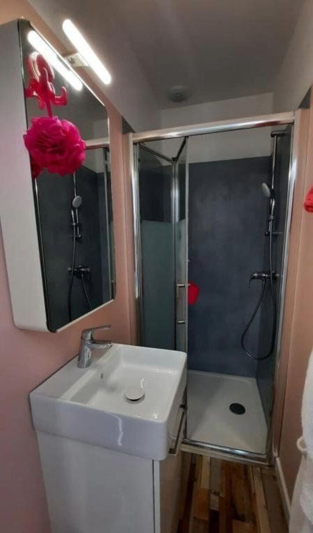 Un baño pequeño con lavamanos blanco, espejo y ducha con mampara de vidrio.
