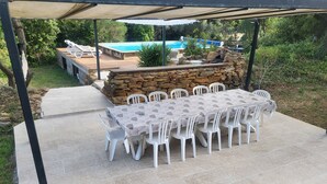 An outdoor patio with a covered dining table and chairs, a stone wall, and a pool in the background. - Villa Pour 7 Pers, 3 ch, Piscine Saint CYR SUR MER (Saint-Cyr-sur-Mer)
