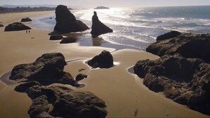 Una playa con rocas grandes y una orilla arenosa.