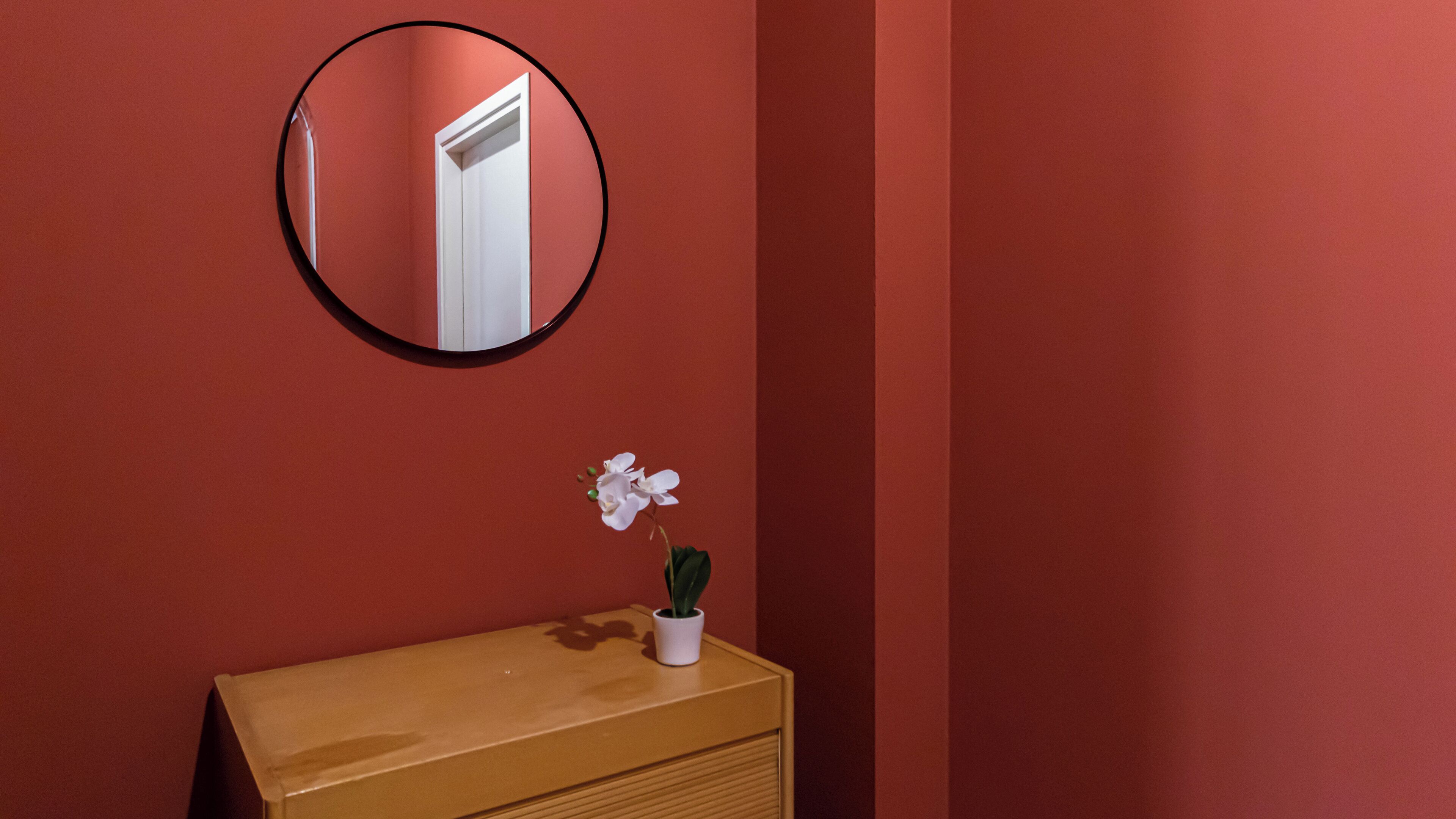 A mirror on a red wall, a white door, a small white potted plant, and a brown dresser.