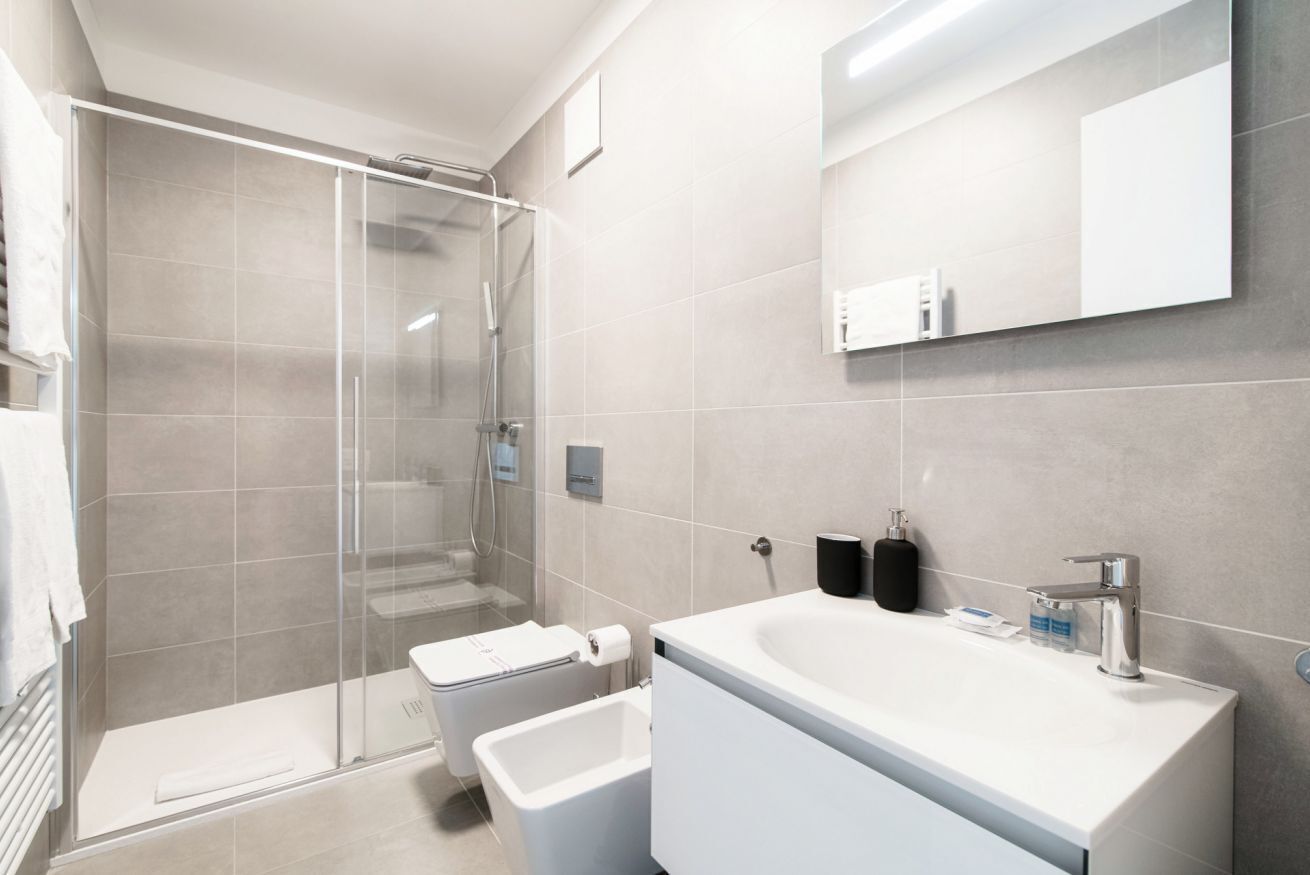 Shower, hair dryer, bidet, towels