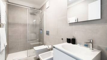 Shower, hair dryer, bidet, towels