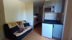 Un espacio habitable compacto con sofá, litera, kitchenette con microondas y lavavajillas.