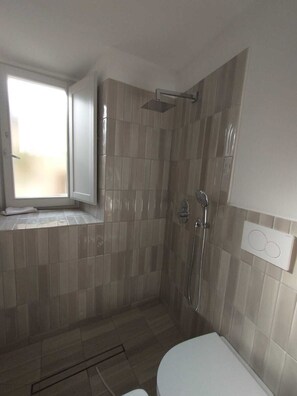 Shower, hair dryer, towels, toilet paper