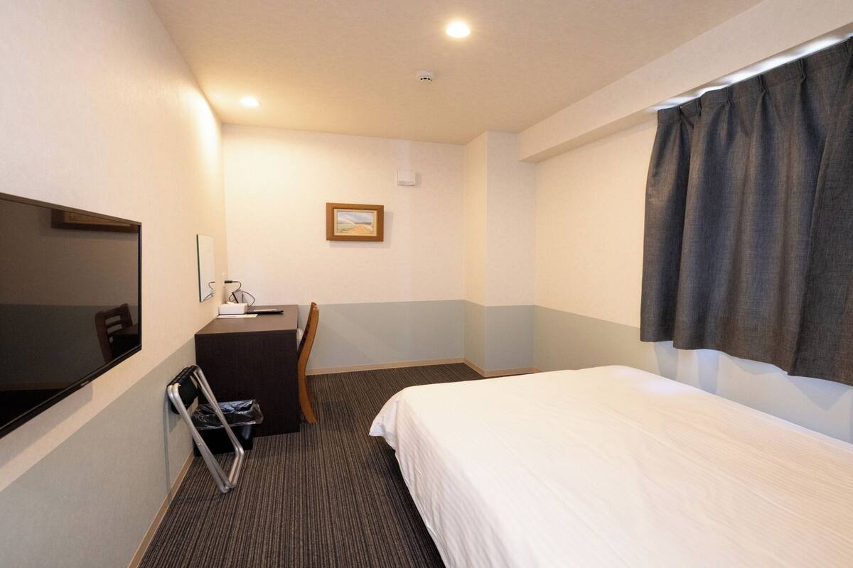 A hotel room with a bed, a desk, a chair, a television, and a picture on the wall.