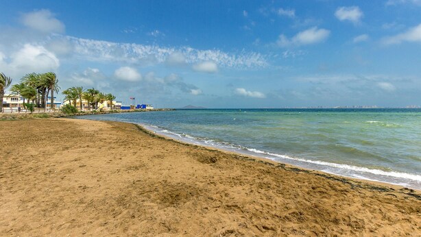 Ein sandiger Strand mit blauem Himmel und ruhiger See. Im Hintergrund sind Palmen und Gebäude zu sehen.