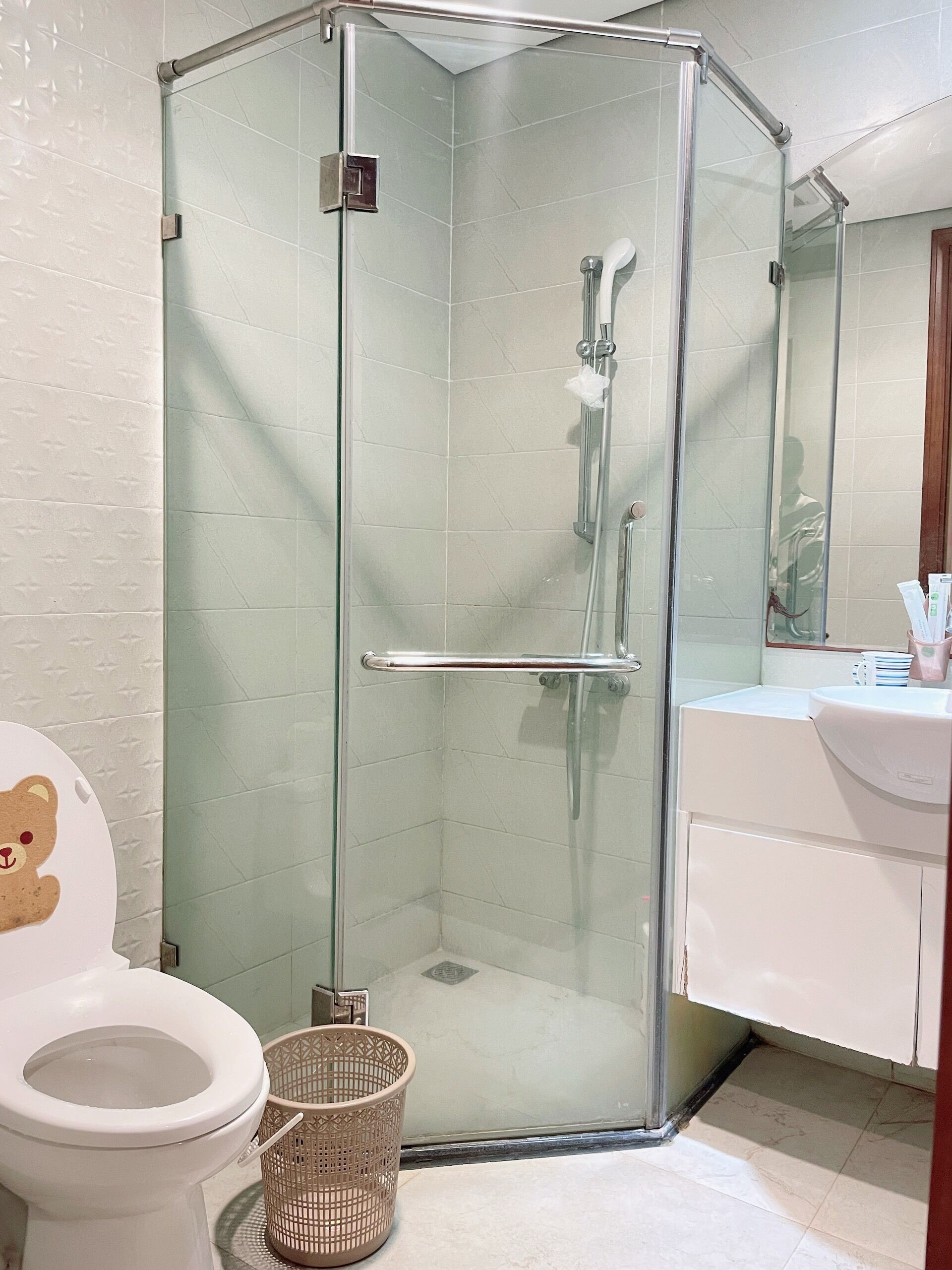 A bathroom with a glass-enclosed shower, a white toilet, and a sink with toiletries.
