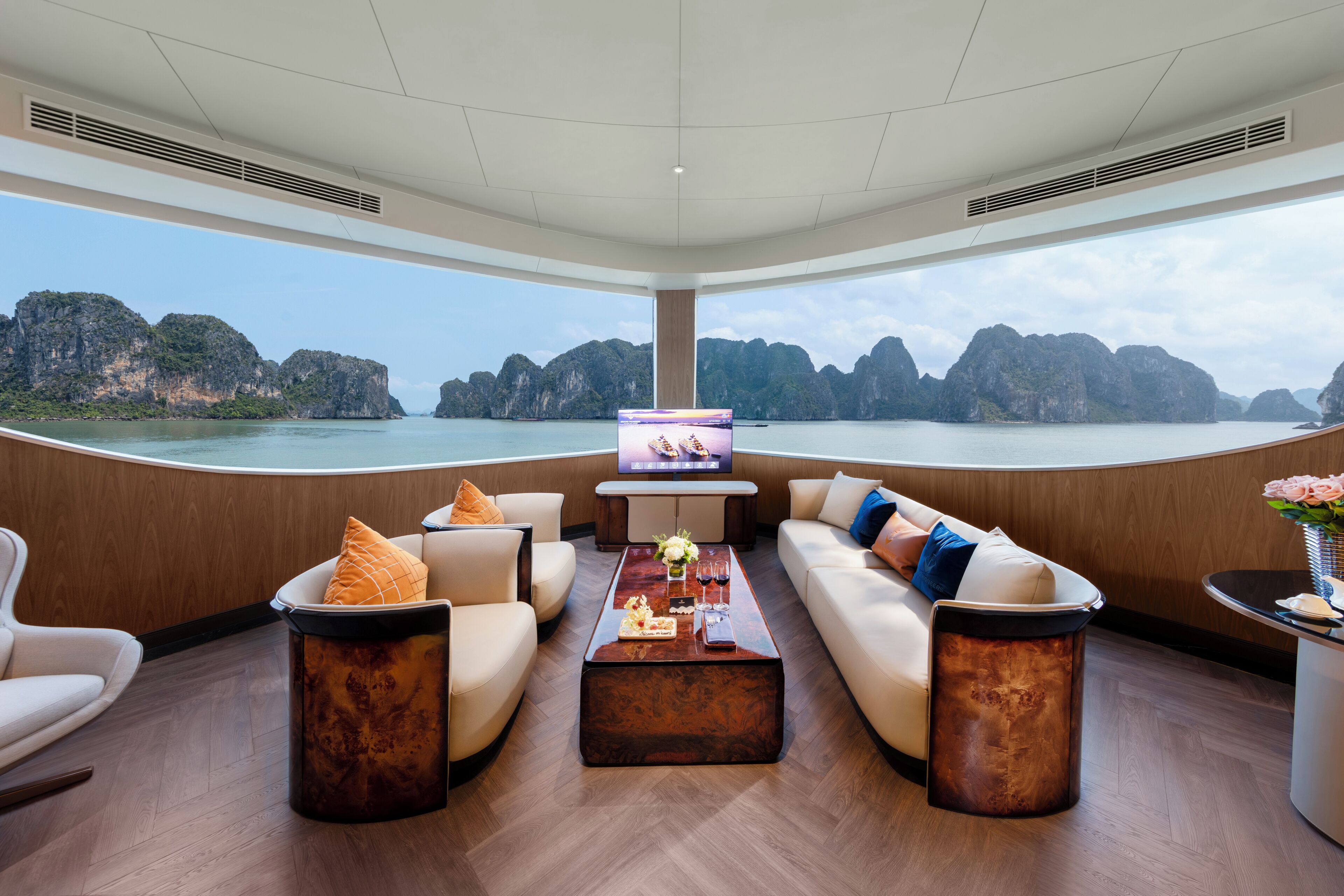 A modern interior with a curved ceiling, a large flat-screen TV, a sofa set, a coffee table, and a view of a coastal landscape.