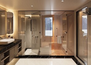 Presidential-Suite | Badezimmer | Kostenlose Toilettenartikel, Haartrockner, Hausschuhe, Bidet