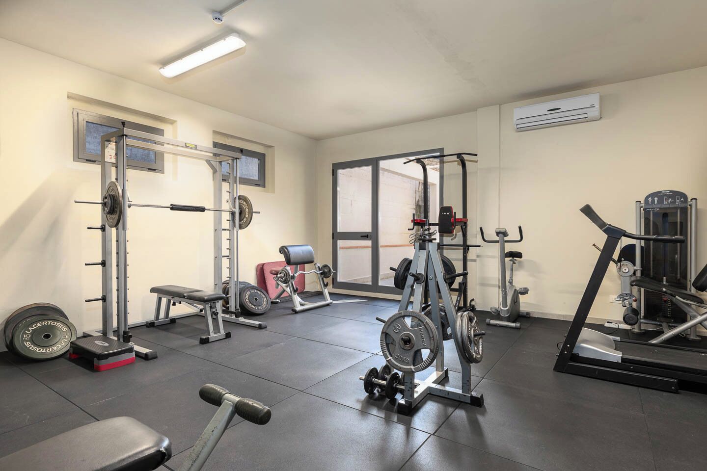 A gym with various exercise equipment, including a squat rack, bench press, and dumbbells.