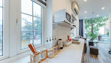 Apartemen Panorama, pemandangan kota | Dapur pribadi | Lemari es di ruangan bersama dan ketel listrik