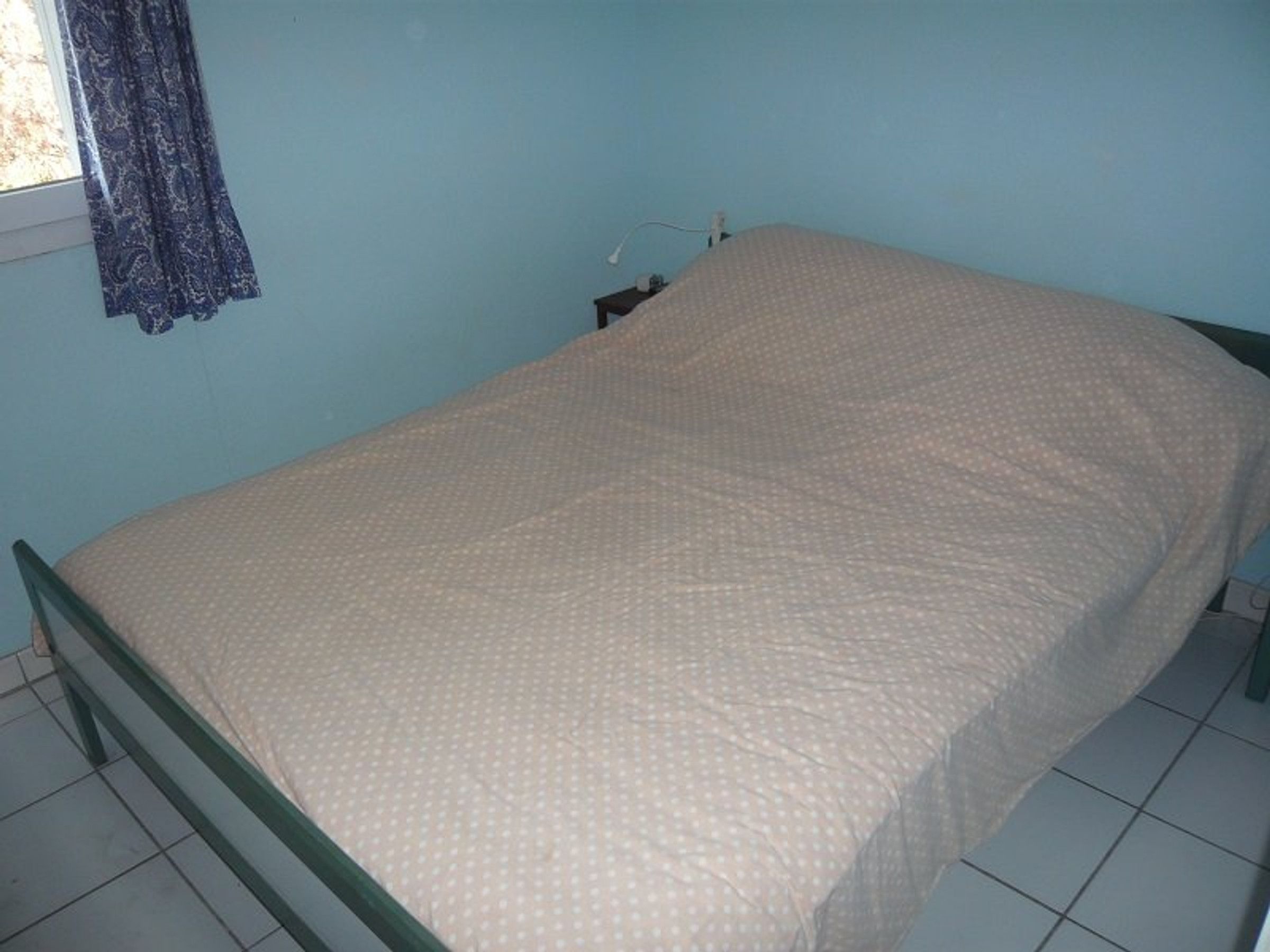 Una cama individual con una colcha estampada en una habitación con paredes azul claro y una ventana con cortinas decoradas.