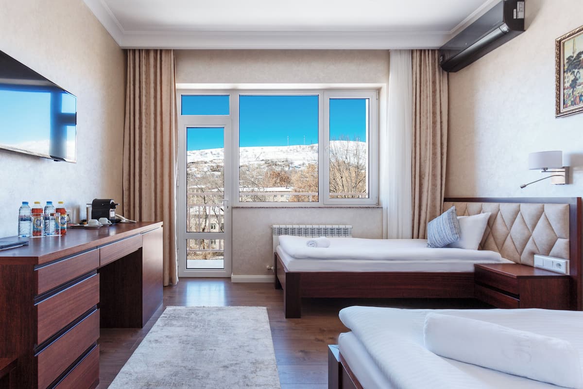 A hotel room with a bed, a desk, a chair, a TV, and a window with a view of a snowy landscape.