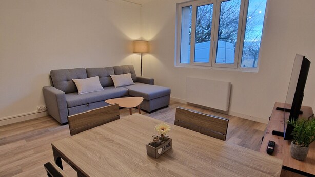 A modern living room with a wooden dining table, grey sofa, and a ceiling light fixture.