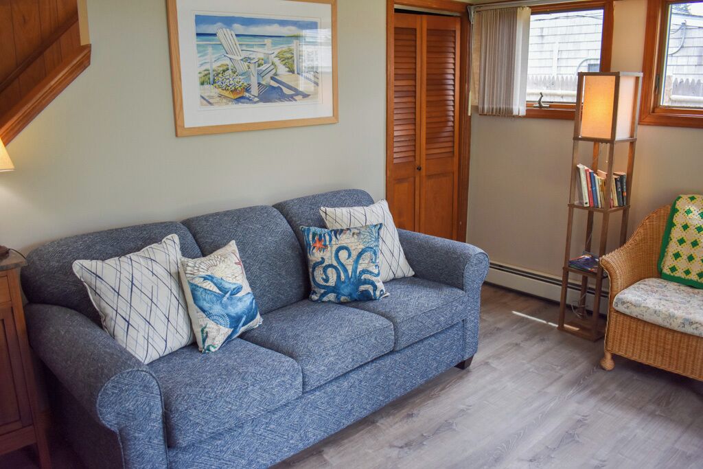 A living room with a grey sofa, two patterned cushions, a framed picture on the wall, a wooden door, a window with curtains, and a wicker chair.