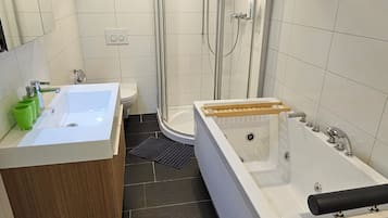 Douche, baignoire à jets, sèche-cheveux, serviettes fournies