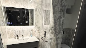 Shower, hair dryer, towels, toilet paper