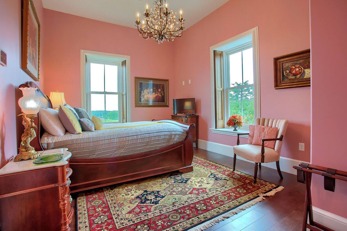 A bedroom with a large bed, a chandelier, a television, and a chair.