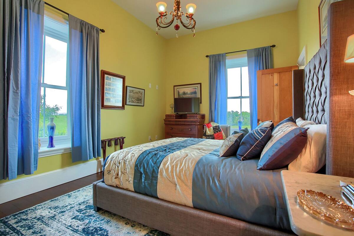 A bedroom with a large bed, a dresser, a TV, and a chandelier.