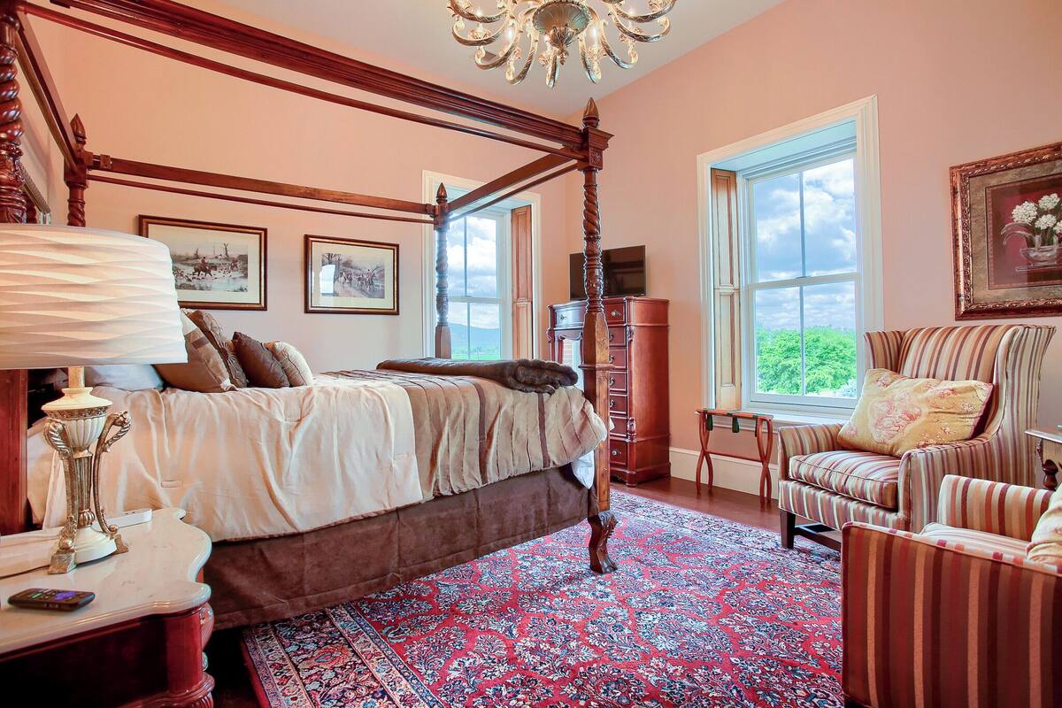 A bedroom with a four-poster bed, a chandelier, a large window, and a red patterned rug.