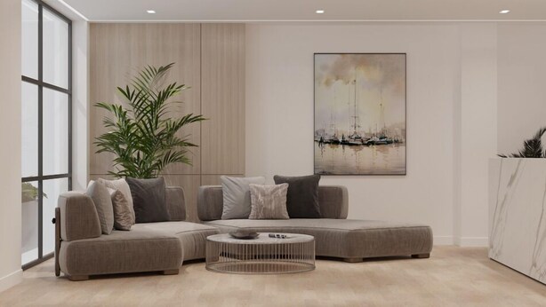 A modern living room with a sectional sofa, a coffee table, and a large window. - Sololaki Hills (Tbilisi)