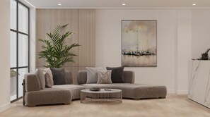 Een moderne woonkamer met een hoekbank, een salontafel en een groot raam.