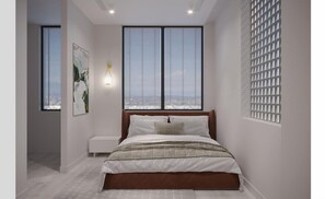 A bedroom with a bed, two windows, a wall-mounted light, and a painting. - Sololaki Hills (Tbilisi)