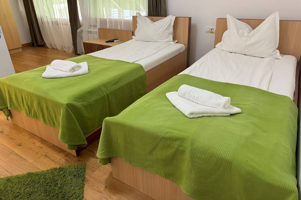 A hotel room with two single beds, each with a green bedspread and white pillows, a wooden headboard, and a nightstand with a remote control.