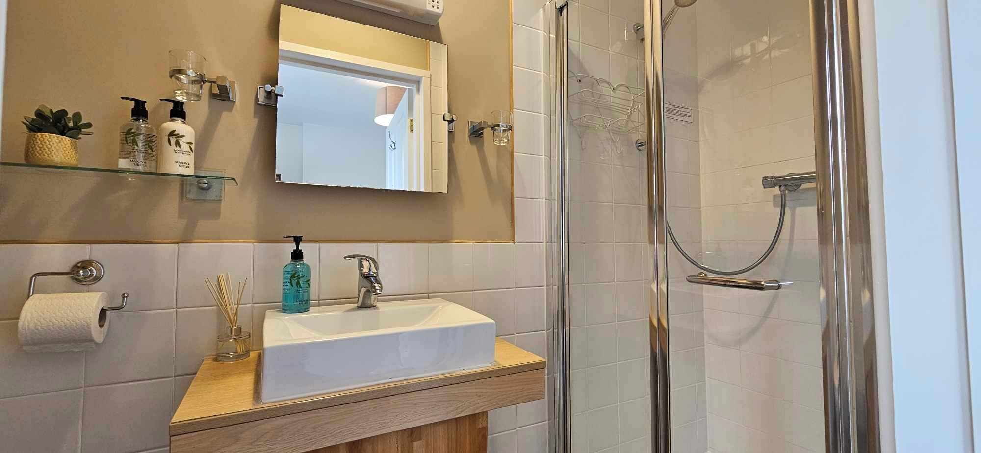 A bathroom with a white sink, a mirror, a shower, and a shelf with toiletries.