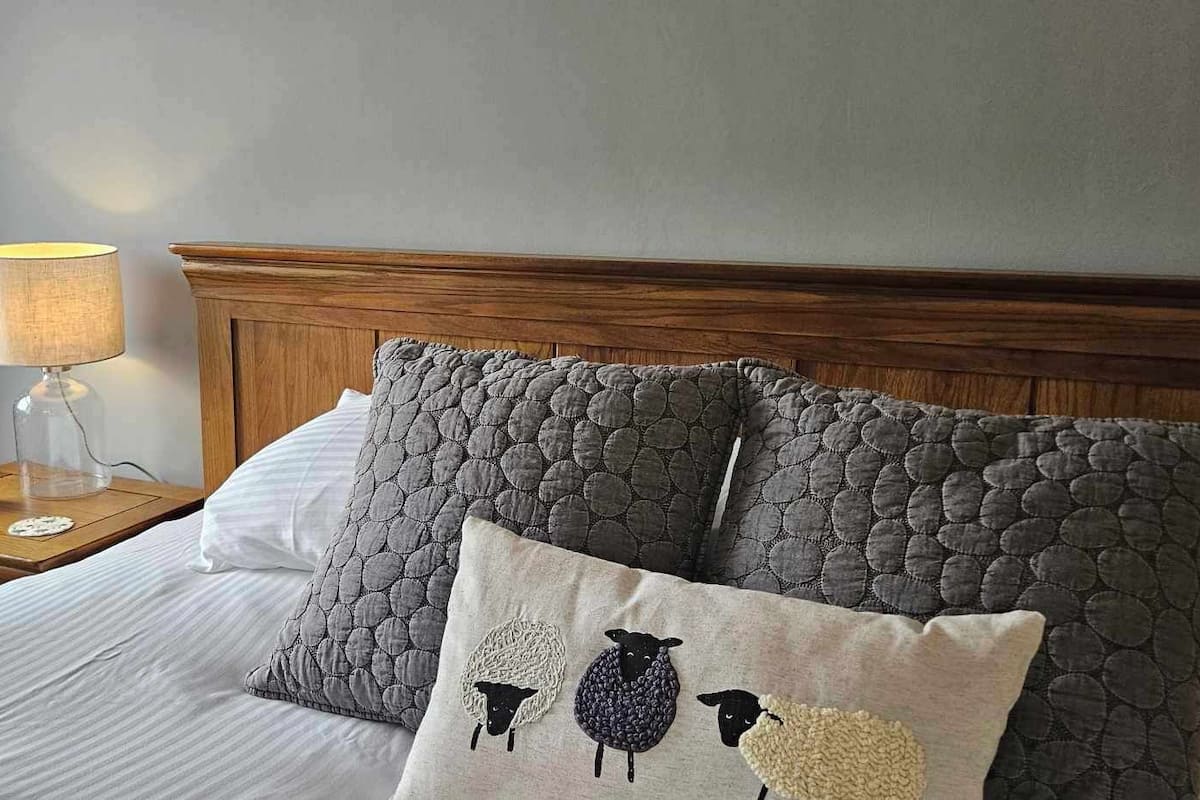 A neatly made bed with a wooden headboard, a bedside table with a lamp, and two pillows with a sheep design.