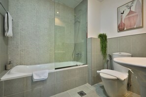 Hair dryer, towels, soap, shampoo