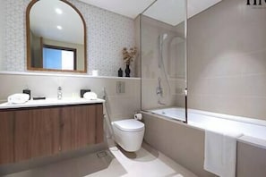 Hair dryer, towels, soap, shampoo