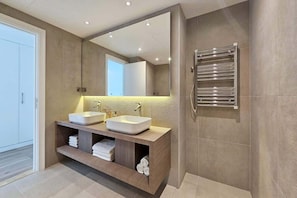 Shower, hair dryer, shampoo