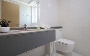 Shower, hair dryer, shampoo