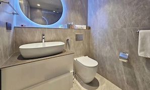 Shower, hair dryer, shampoo, toilet paper