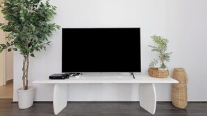 Un téléviseur à écran plat est posé sur une console blanche. À gauche, on aperçoit une plante en pot, et à droite, un panier décoratif.