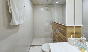 Chuveiro, secador de cabelo, toalhas de banho, sabonete