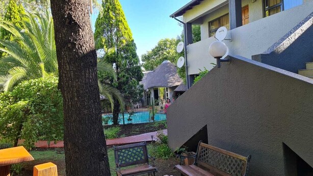A pool area with a thatched-roof structure, surrounded by lush greenery and a tree. - St Michelle Guest Lodge (Alberton)