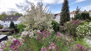 A residential area with houses, a large flowering tree, and a garden with purple flowers. - Sun-drenched, family-friendly apartment with balcony & large kitchen (Bad Camberg)