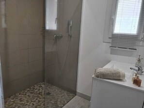 Shower, hair dryer, towels, toilet paper