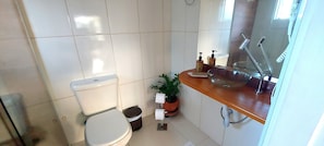 Cabezal de ducha tipo lluvia, secador de pelo, toallas y jabón