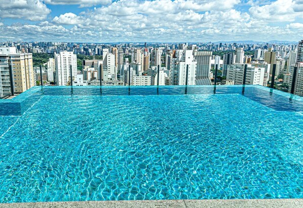 A rooftop infinity pool with a cityscape view.